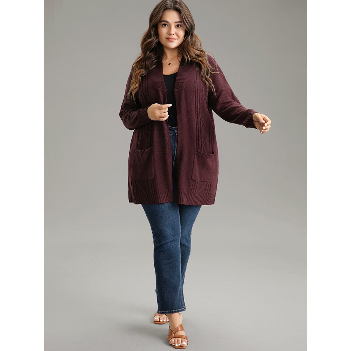 Plus Size Plain Cable Knit Button Up Pocket Cardigan Burgundy Women Casual Loose Long Sleeve Dailywear Cardigans BloomChic 14-16/1X Product Image