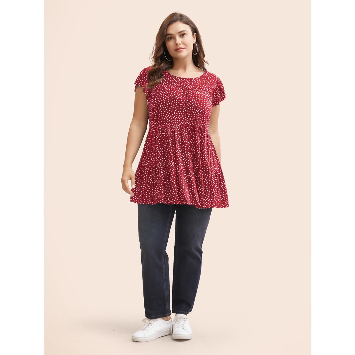 Plus Size Scarlet Allover Print Cap Sleeve Ruffle Hem Gathered Blouse Women Casual Cap Sleeve Round Neck Everyday Blouses BloomChic 18-20/2X Product Image