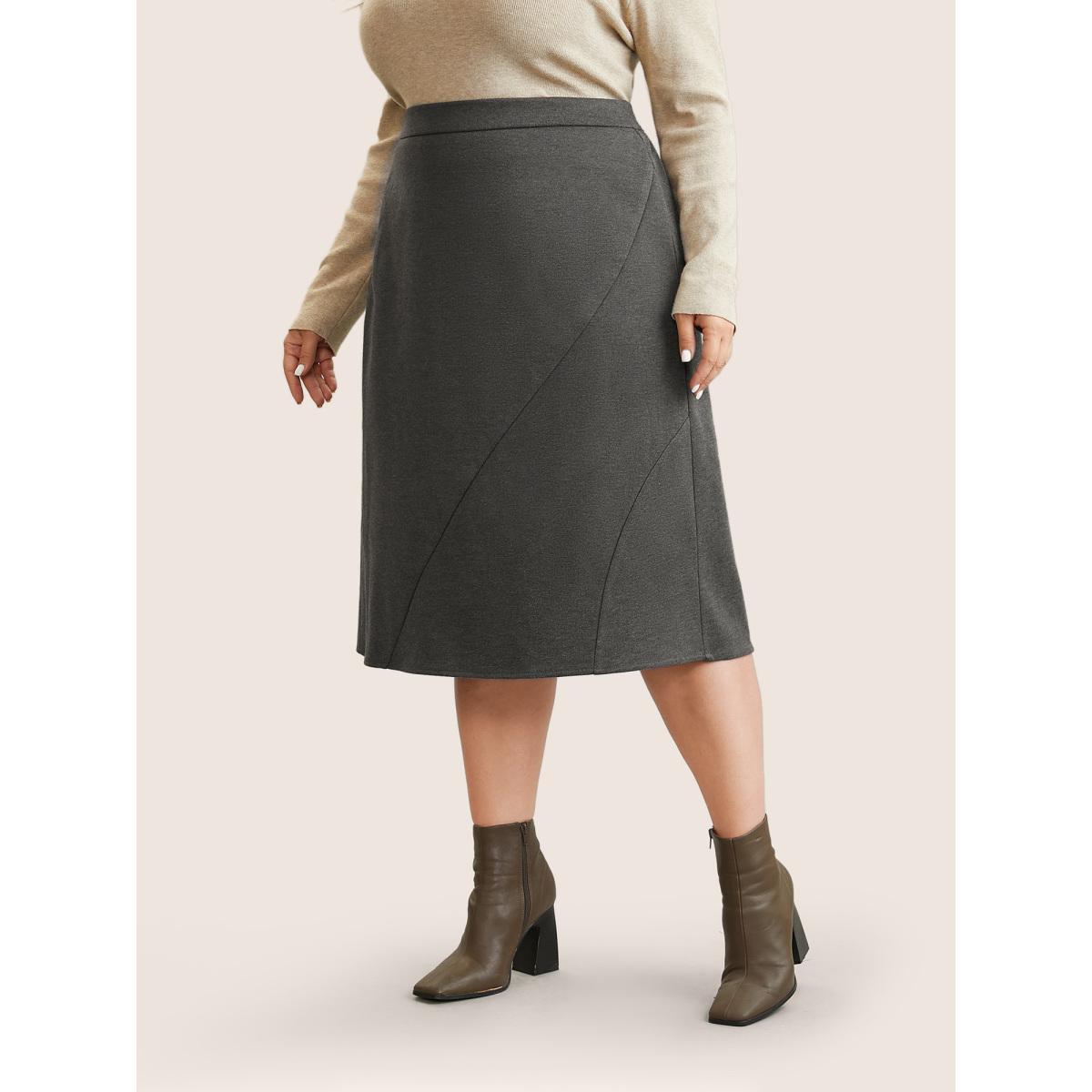 Plus Size Plain Heather Brushed Elastic Waist A Line Skirt Women DimGray Office A-line Low stretch Work Skirts BloomChic 10/M Product Image