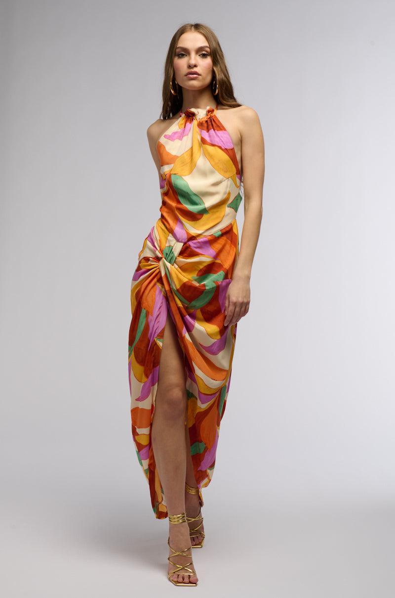 BOTANICAL BEAUTY PRINTED MIDI DRESS IN ORANGE MULTI Product Image