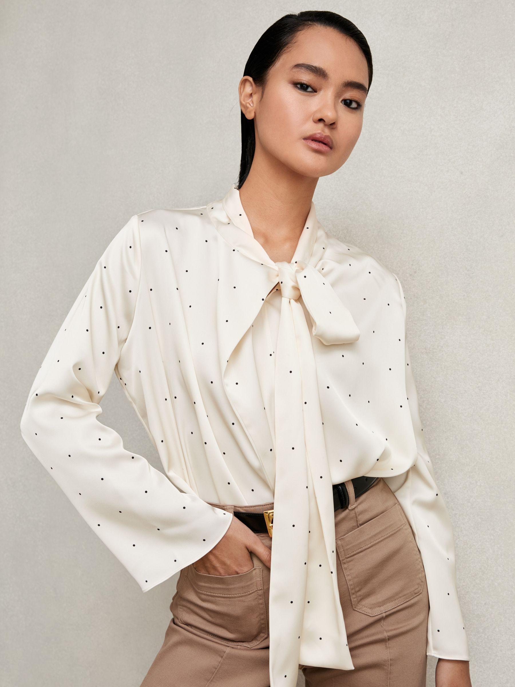 Satin Polka Dot Tie Neck Blouse in Ivory Product Image