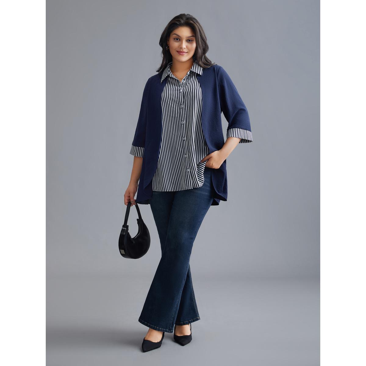 Plus Size Indigo Shirt Collar Patchwork Striped Blouse Women At the Office Extra Long Sleeve Square Neck Work Blouses BloomChic 26/4X Product Image
