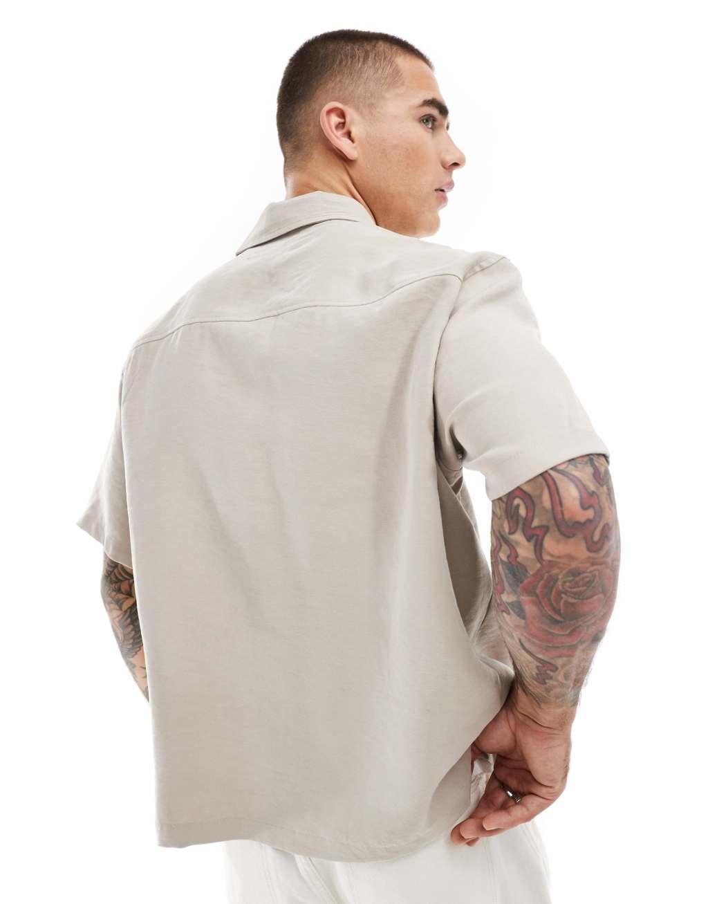 Bershka premium pocket shirt in stone  Product Image