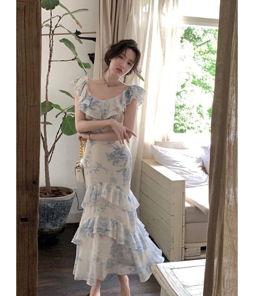 Ruffle Strap Square-Neck Floral Print Ruffled Midi Mermaid Dress Product Image