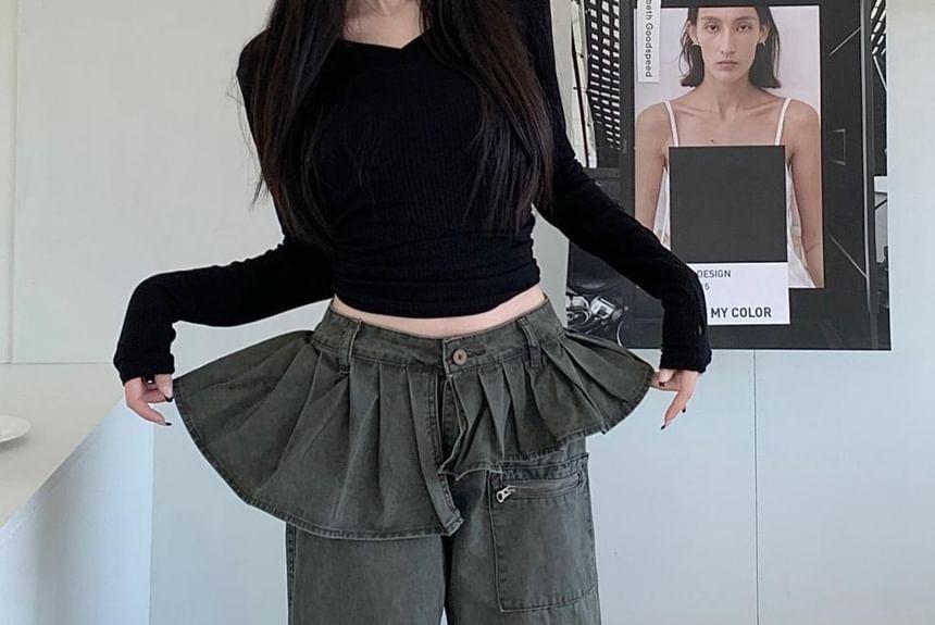 High Rise Ruffle Asymmetrical Wide Leg Jeans Product Image