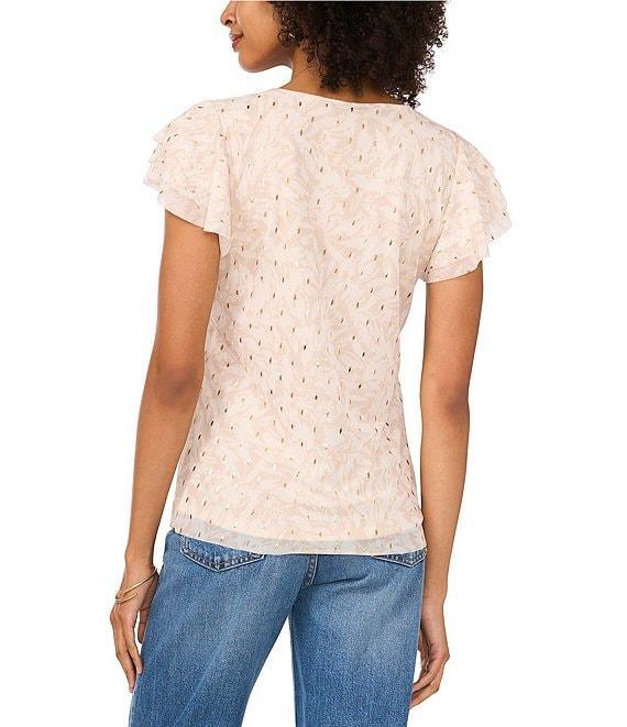 Vince Camuto Metallic Mesh Knit Round Neck Ruffle Short Sleeve Blouse Product Image
