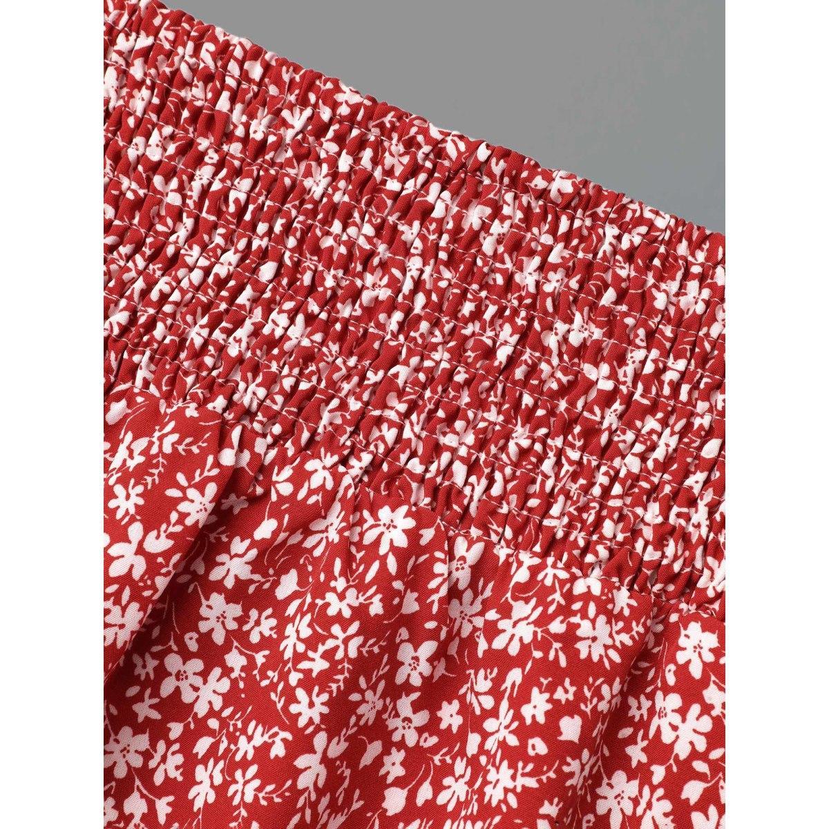 Plus Size Romantic Floral Waist Shirred Midi Skirt Women Crimson Elegant Shirred No stretch Side seam pocket Everyday Skirts BloomChic 14-16/1X Product Image