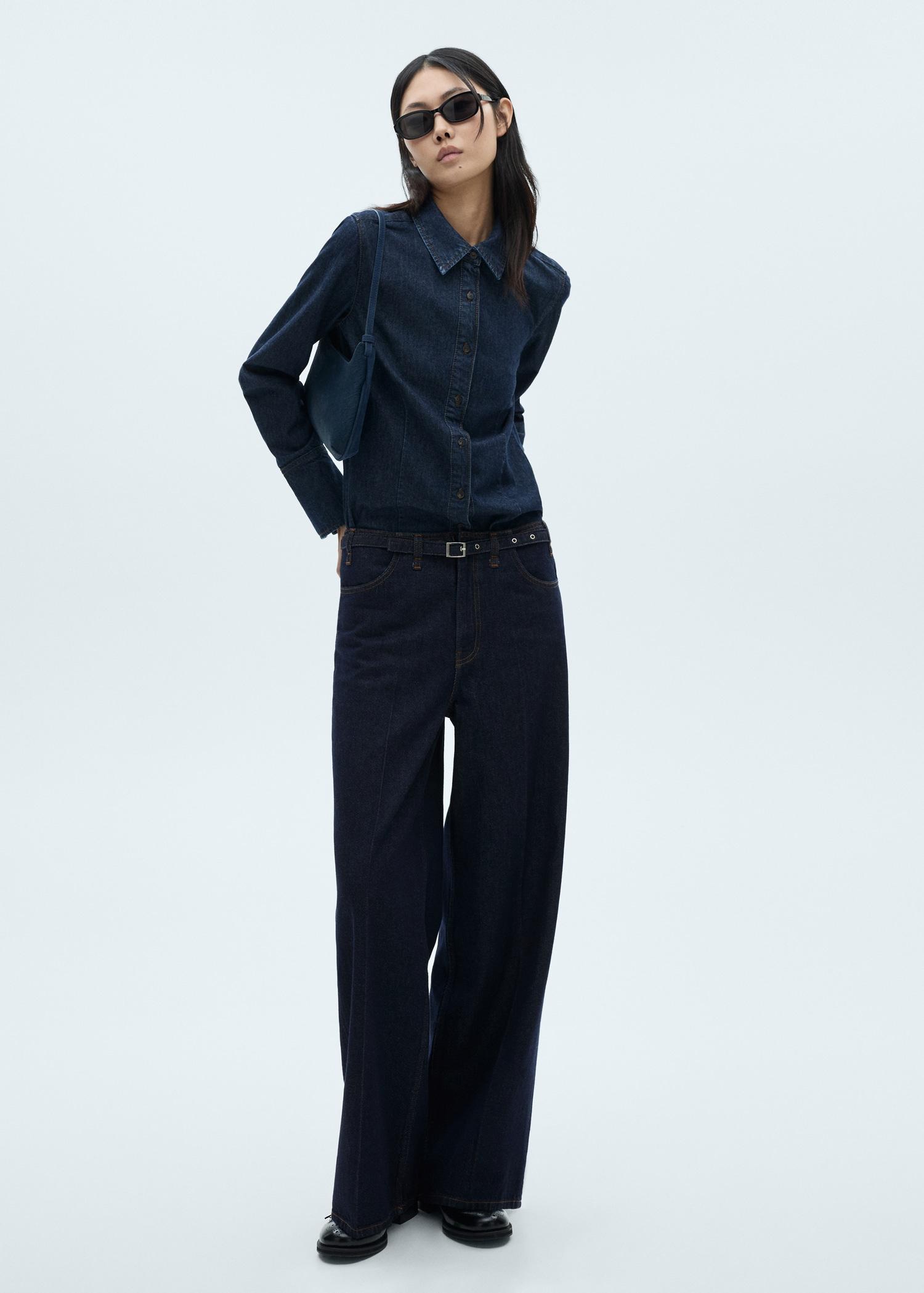 Rinse-wash wideleg jeans with belt - Women | MANGO USA Product Image