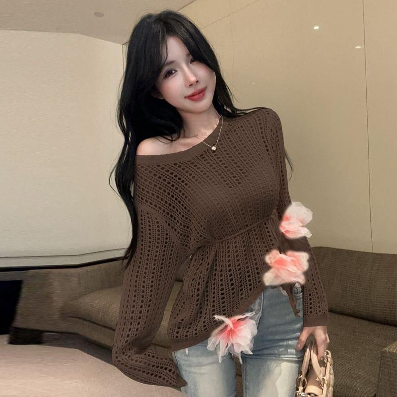 Long Sleeve Crew Neck Flower Detail Asymmetrical Knit Top Product Image
