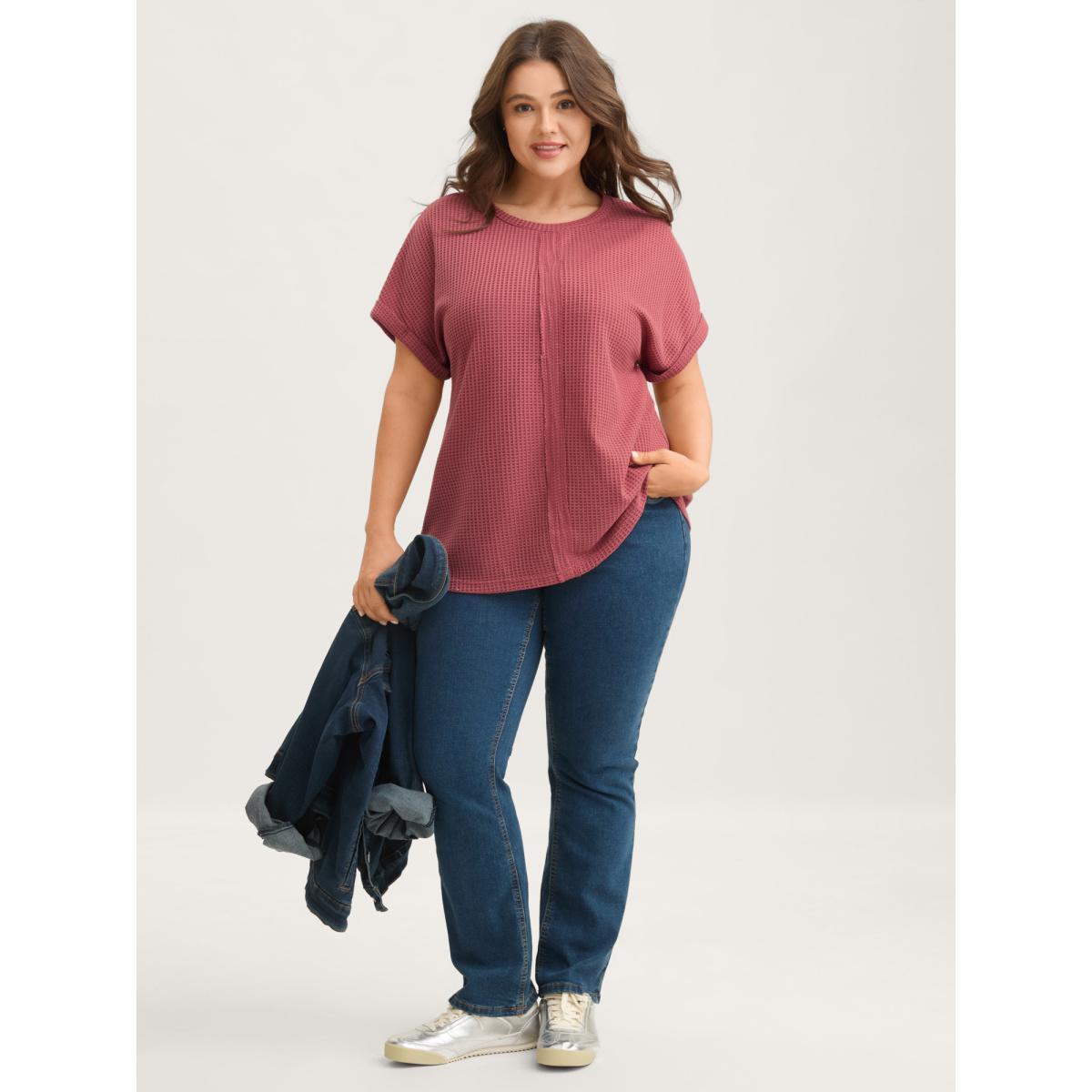 Plus Size Waffle Seamed Front Solid T-Shirt Rust Women Round Neck Everyday-Casual T-shirts BloomChic 28/5X Product Image
