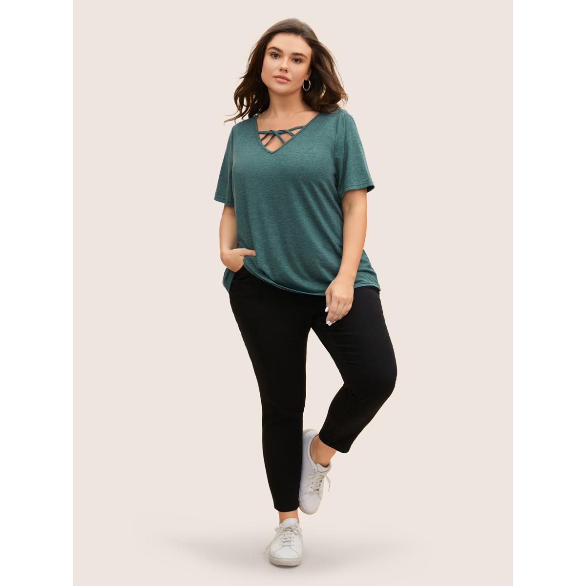 Plus Size Solid Heather Crisscross Medium Stretch T-shirt DarkGreen Women Casual Cut-Out V-neck Everyday T-shirts BloomChic 10/M Product Image