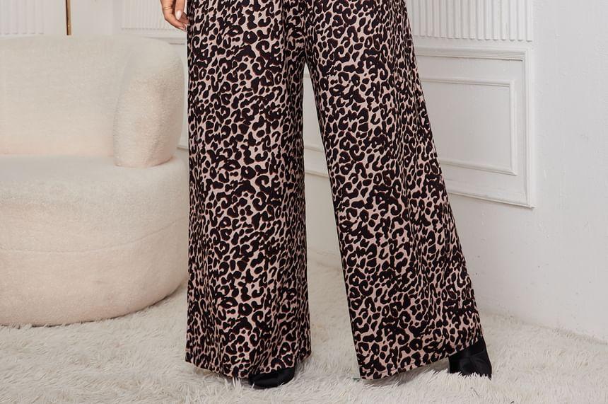 Tie Shoulder Leopard Print Wide Leg Dungaree Product Image