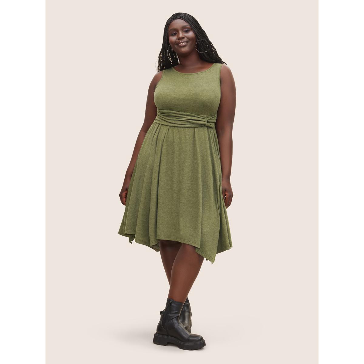 Plus Size Supersoft Essentials Twist Front Ruched Dress Moss Women Casual Asymmetrical Round Neck Sleeveless Curvy Midi Dress BloomChic 28/5X Product Image