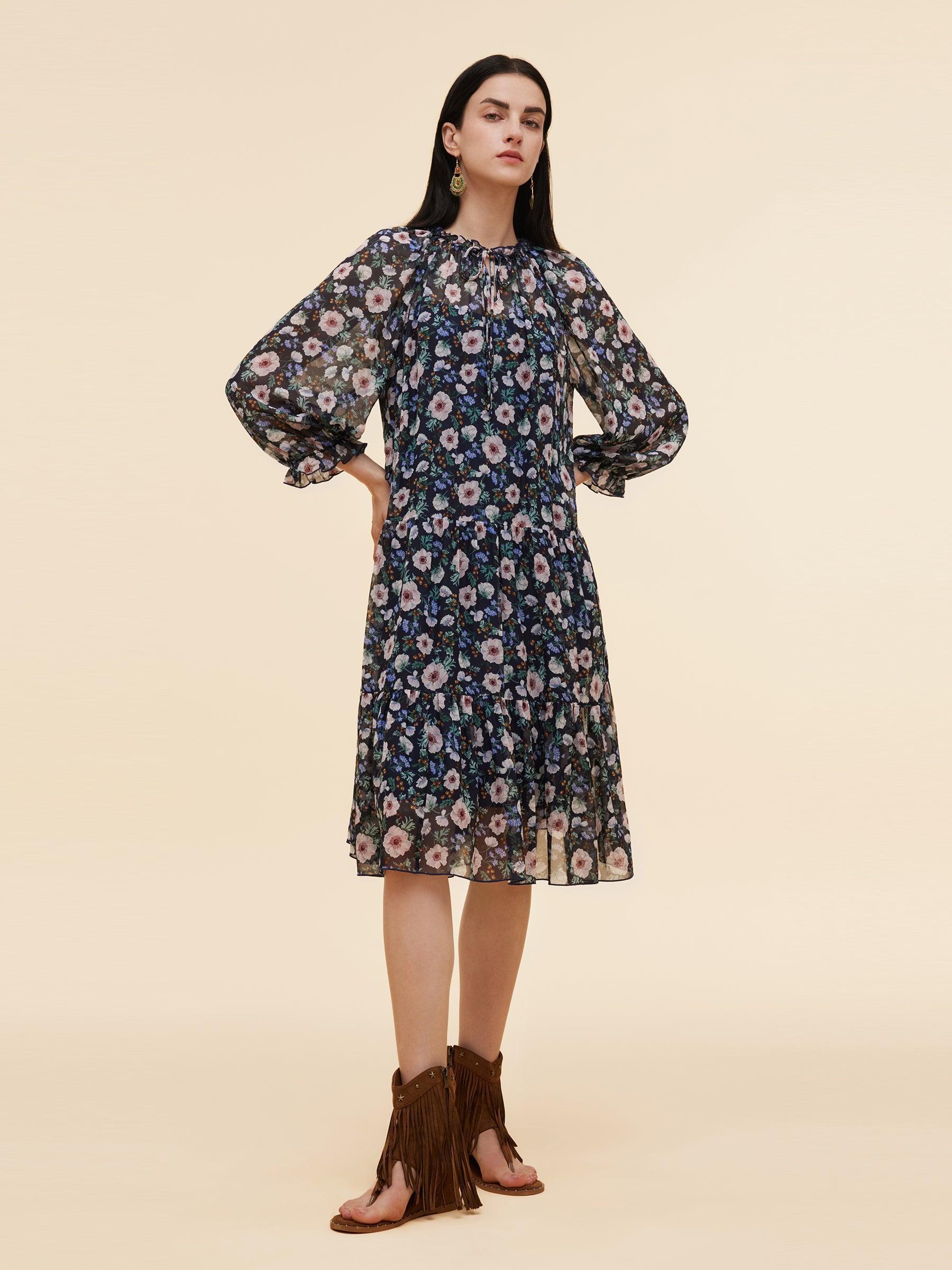 10MM Mulberry Silk Floral Print Women Ruffle Collar Midi Dress Product Image