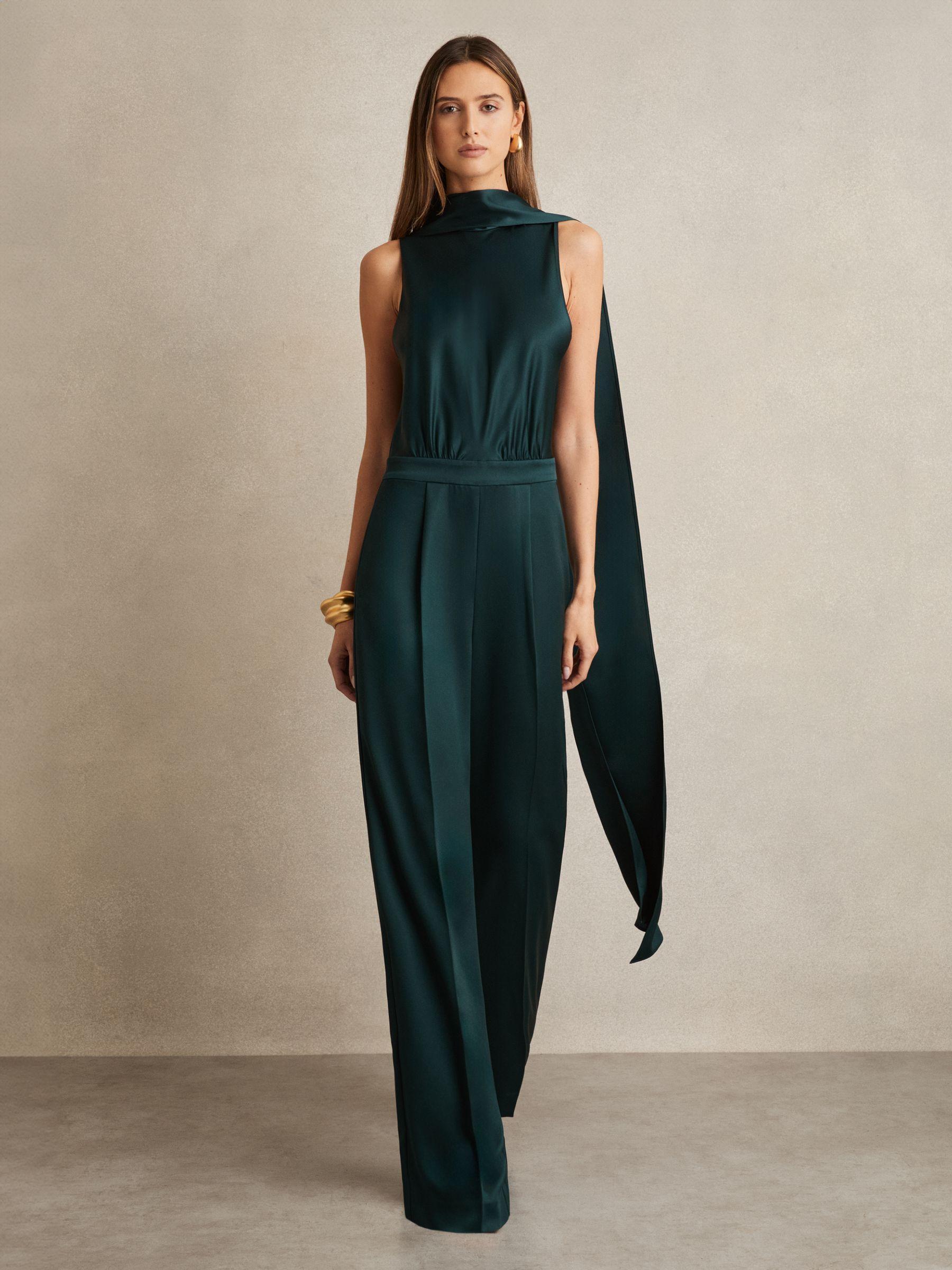Satin Cape-Sash Jumpsuit in Teal Green Product Image