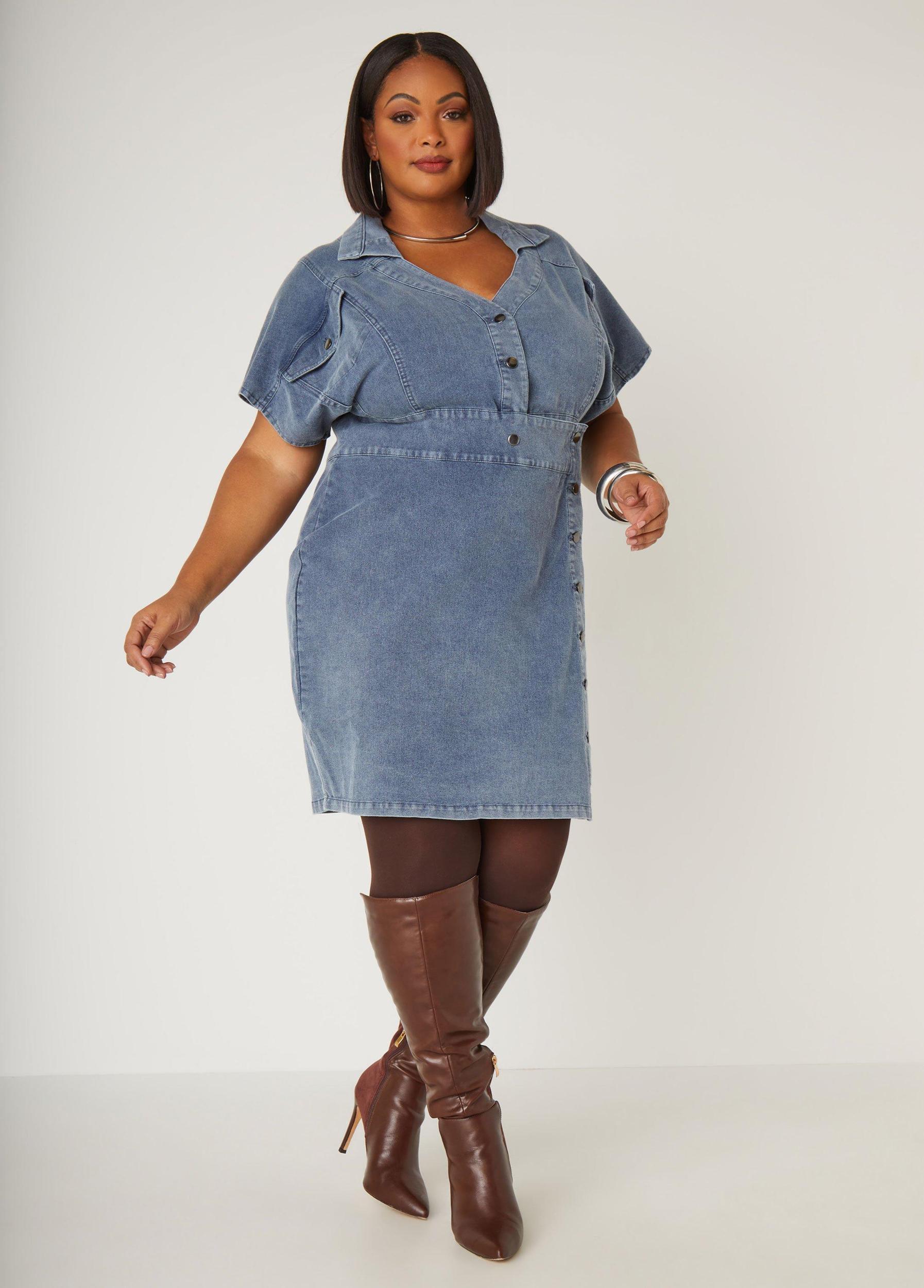 Button Detailed Denim Mini Dress Product Image