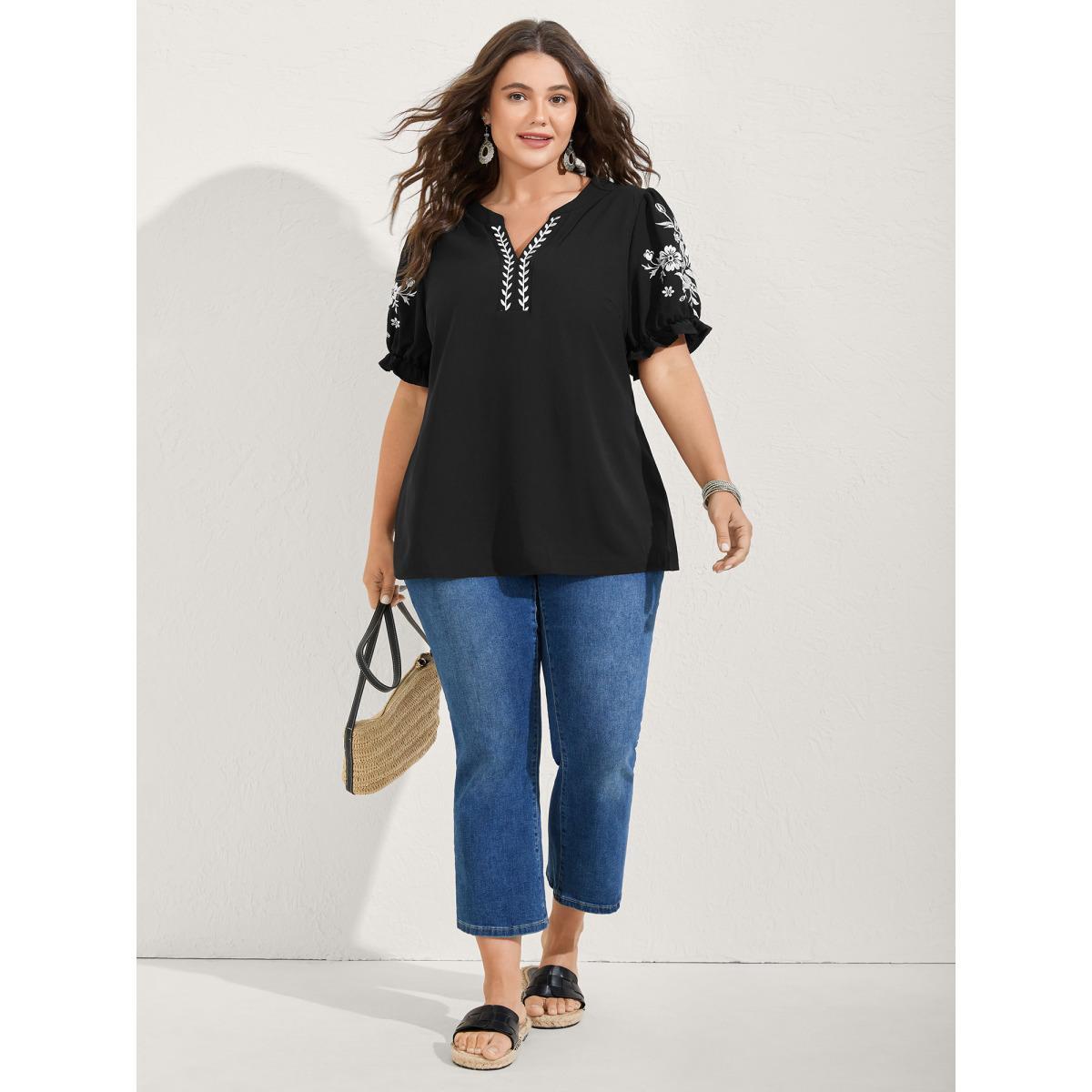 Plus Size Black Notched Collar Embroidered Ruffled Blouse Women Half Sleeve Flat collar with V-notch Everyday-Elegant Blouses BloomChic 12/L Product Image