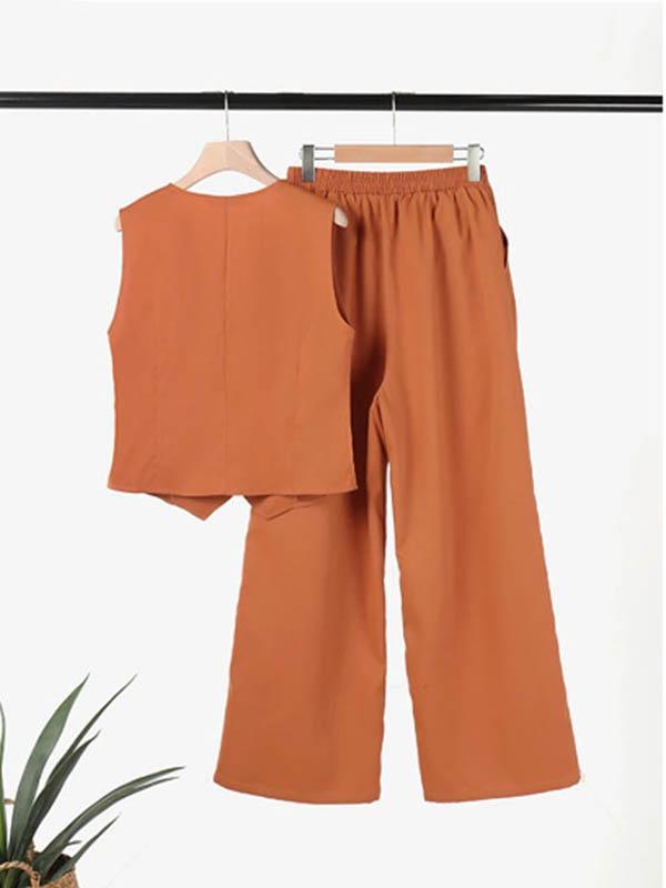 Plus Size Loose Solid Color Split-Joint V-Neck Vest + Elasticity Pants Two Pieces Set Product Image