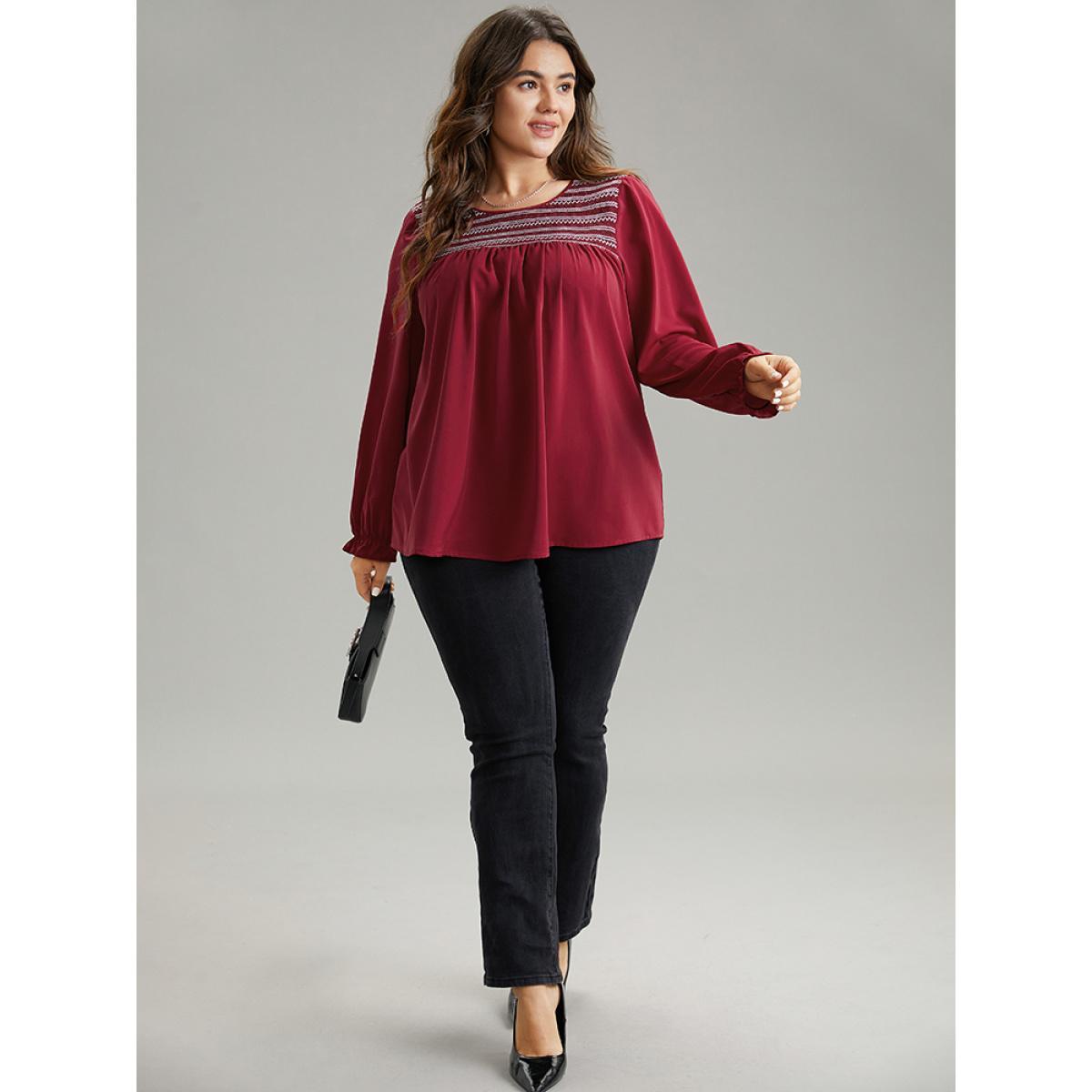 Plus Size Scarlet Contrast Trim Plicated Detail Flutter Sleeve Blouse Women Office Long Sleeve Round Neck Work Blouses BloomChic 28/5X Product Image