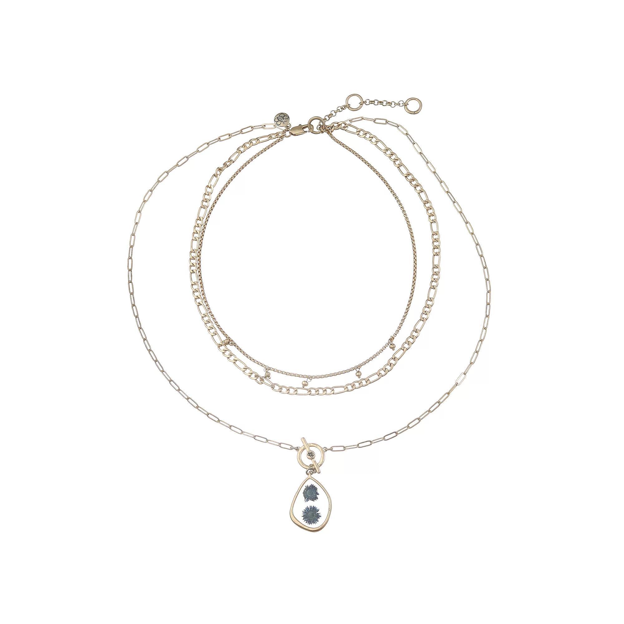 Bella Uno Worn Gold Multi-strand Blue Pressed Flower Faux Toggle Necklace, Women's, Size: 16/18/24+3, Gold Tone Product Image