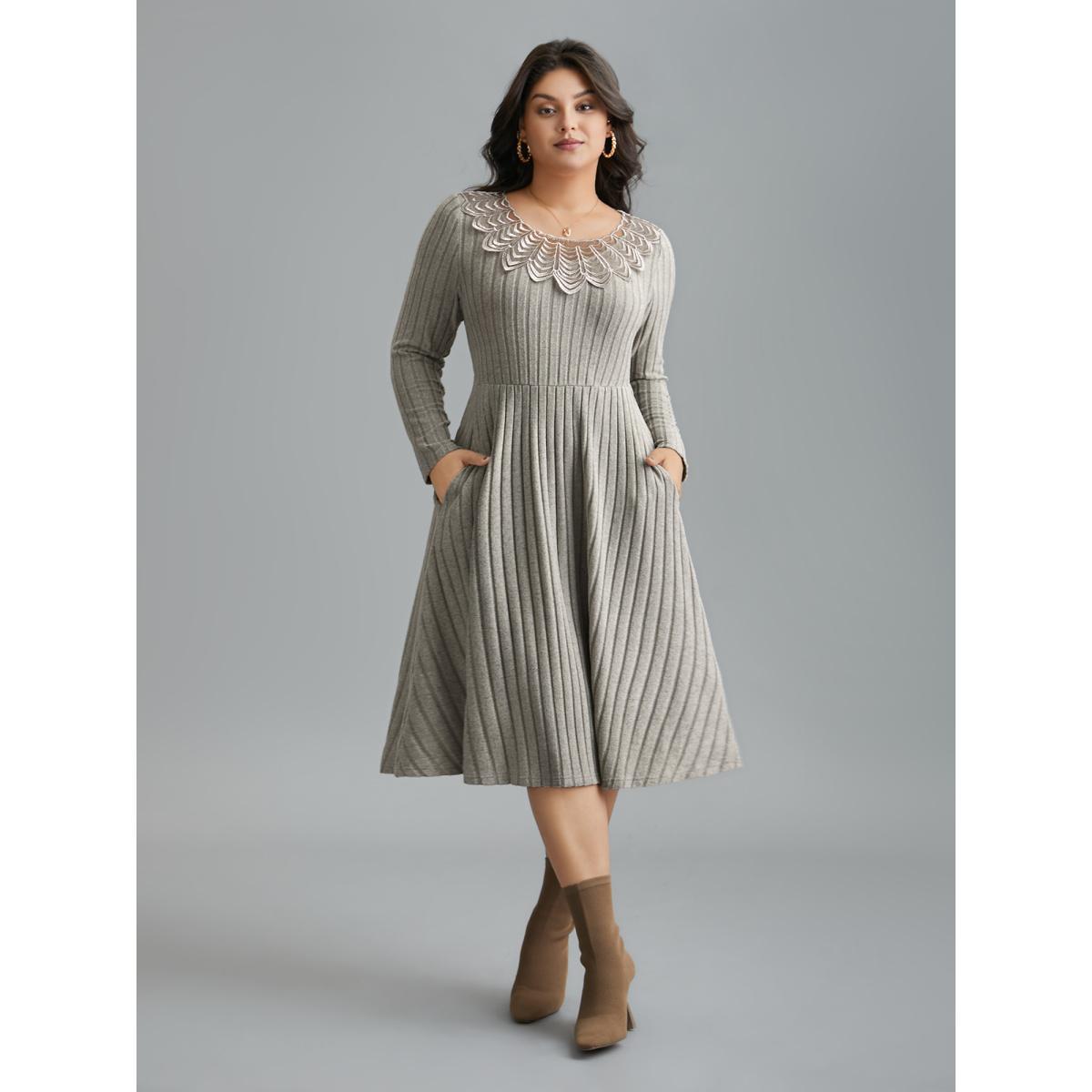 Plus Size Lace Neck Patchwork Ribbed Knit Dress LightGray Women Elegant Woven ribbon&lace trim Knit Dresses Bloomchic 14-16/1X Product Image