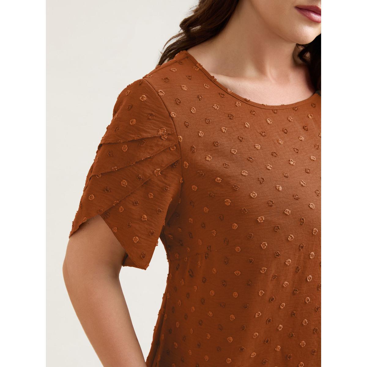 Plus Size Browncoffeecolor Textured Color Contrast Petal Sleeve Blouse Women Elegant Short sleeve Round Neck Everyday Blouses BloomChic 10/M Product Image