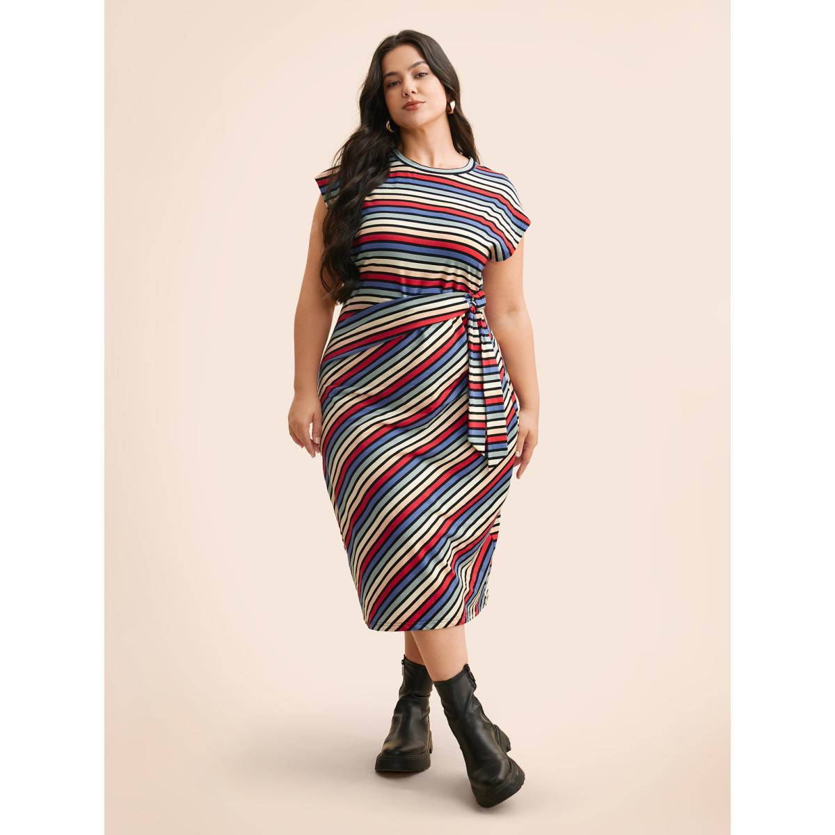 Plus Size Colored Striped Tie Knot Cap Sleeve Dress Multicolor Women Casual Tie knot Boat Neck Cap Sleeve Curvy BloomChic 30/6X Product Image