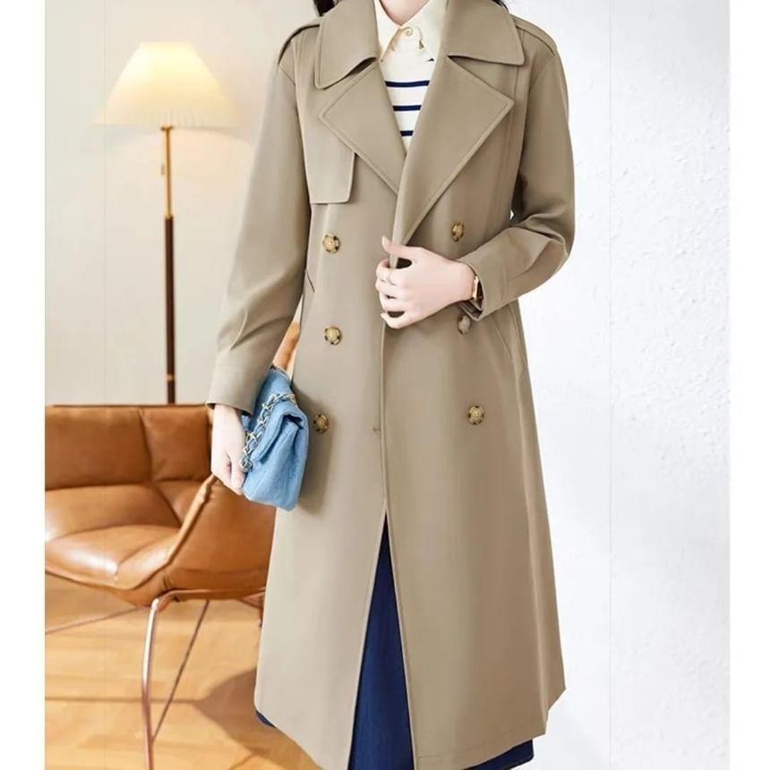 Collared Plain Midi Double Breasted Trench Coat Product Image