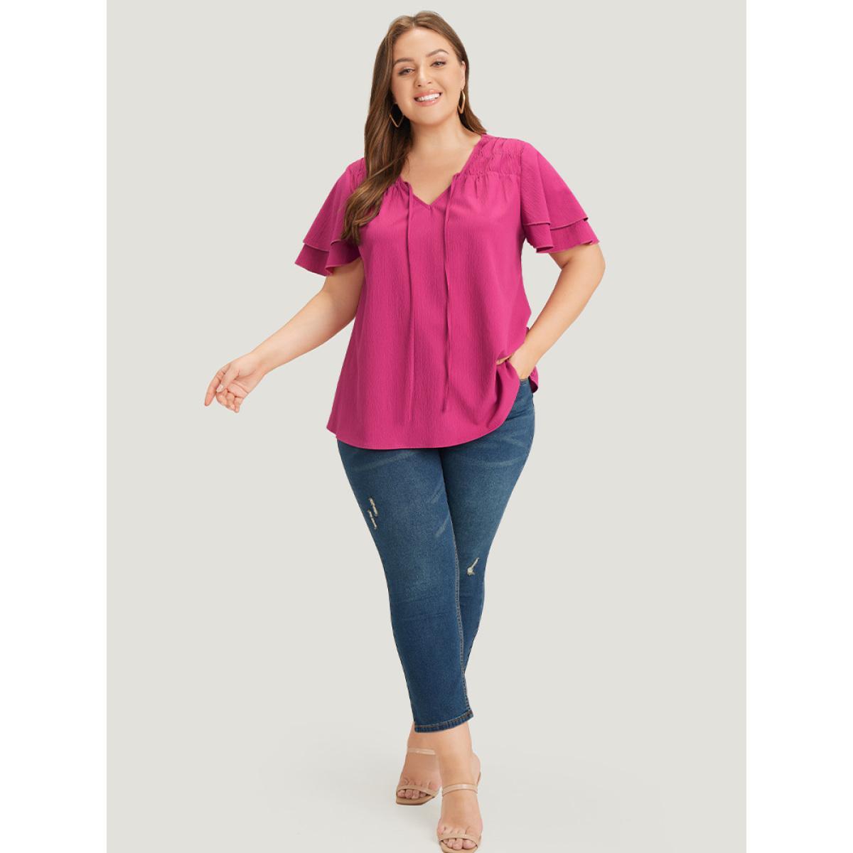 Plus Size RedViolet Solid Tie Neck Shirred Flutter Layered Sleeve Blouse Women Elegant Short sleeve Tie Neck Dailywear Blouses BloomChic 22-24/3X Product Image