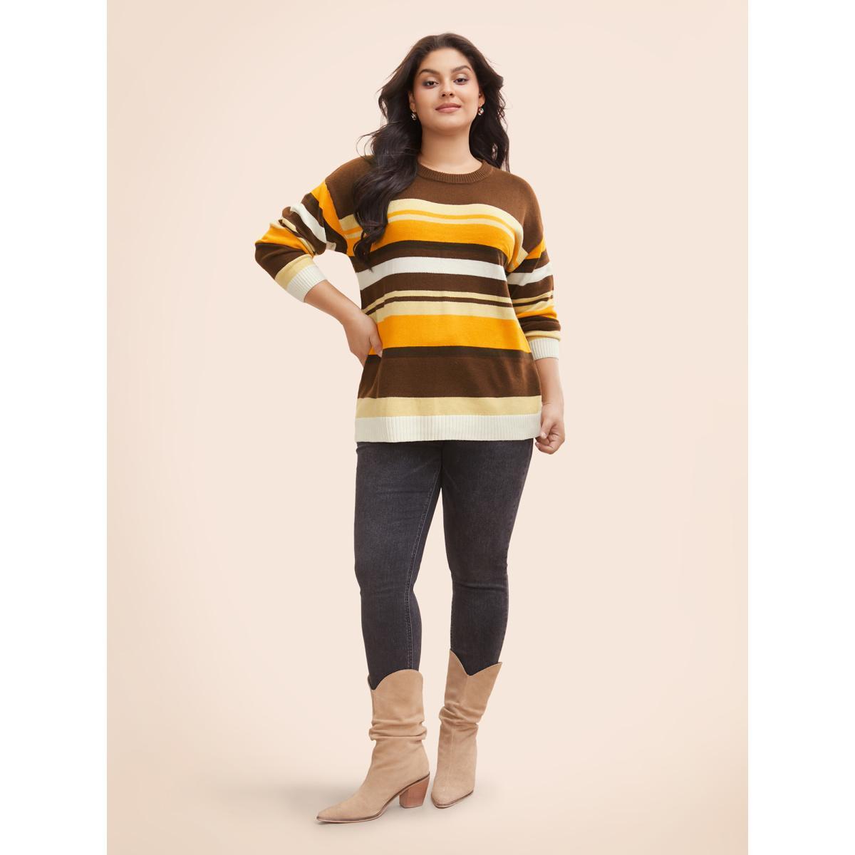 Plus Size Contrast Striped Drop Shoulder Sleeve Pullover Multicolor Women Casual Long Sleeve Round Neck Everyday Pullovers BloomChic 10/M Product Image