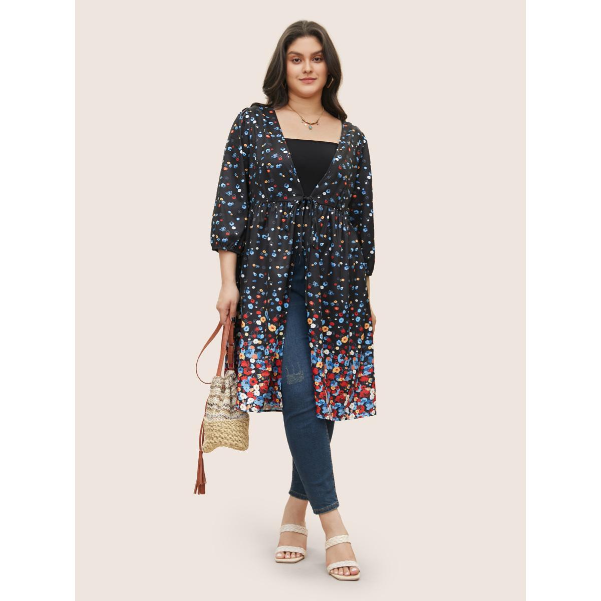 Plus Size Ombre Boho Print Ties Gathered Kimono Women BlackFlower Resort Gathered Vacation Kimonos BloomChic 26/4X Product Image