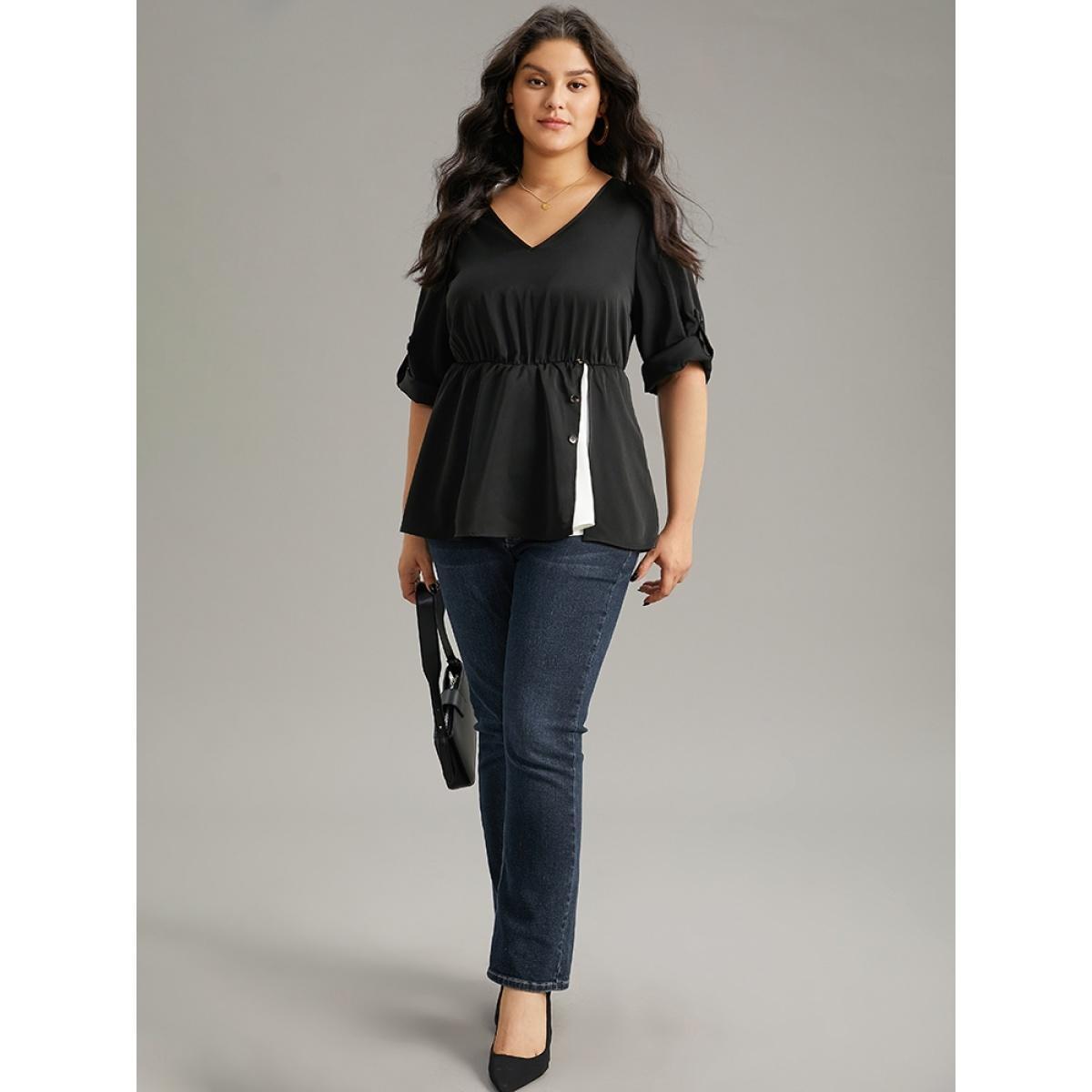 Plus Size Black Contrast Button Detail Tab Sleeve Blouse Women At the Office Elbow-length sleeve V-neck Work Blouses BloomChic 18-20/2X Product Image