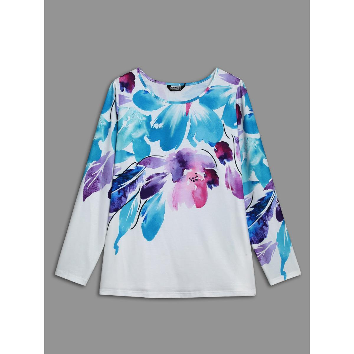 Plus Size Floral Boho Print Stretchy T-Shirt WhiteSmoke Women Casual Non Art&design Round Neck Everyday T-shirts BloomChic 12/L Product Image
