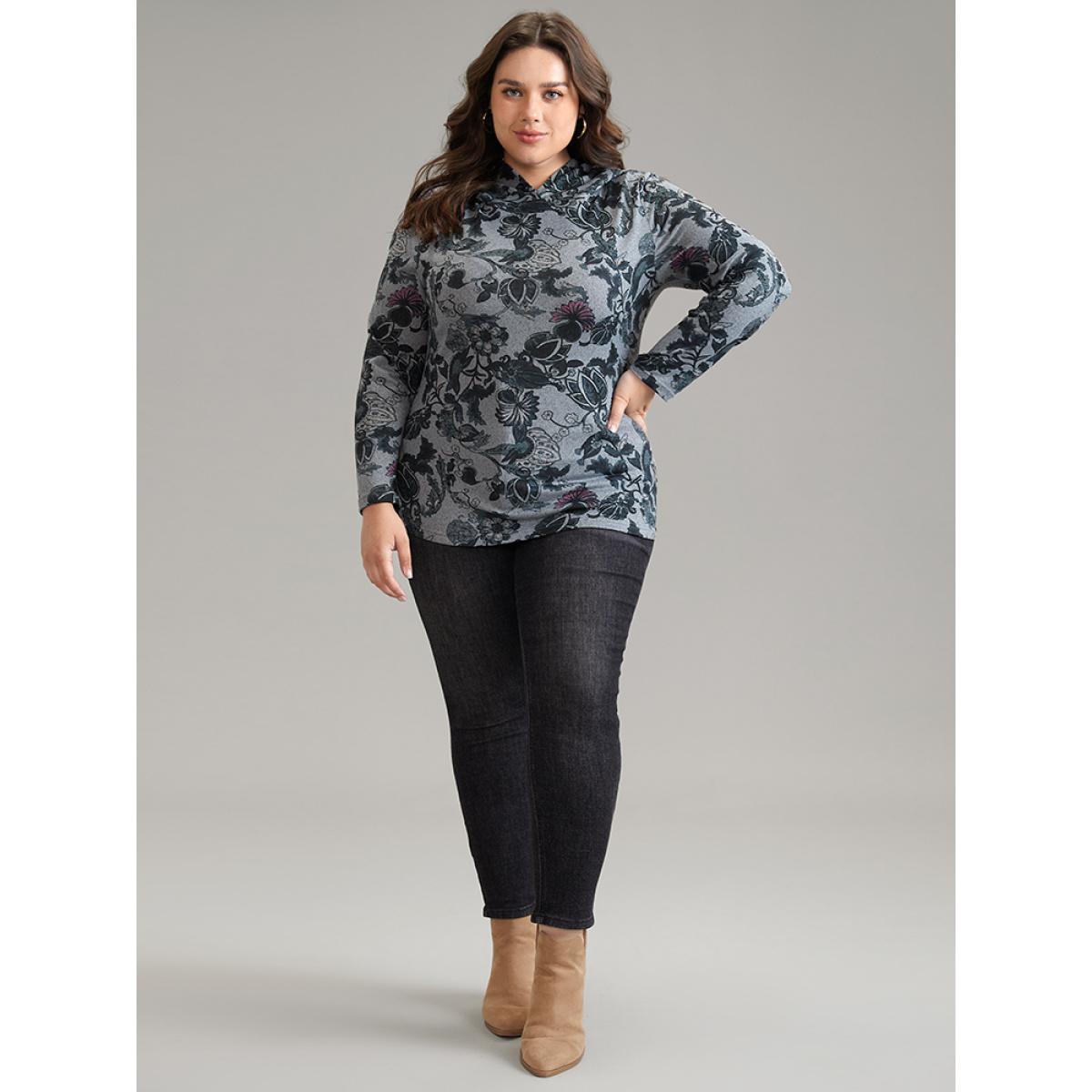 Plus Size Floral Print Hooded T-shirt DimGray Women Elegant Printed Floral Hooded Dailywear T-shirts BloomChic 22-24/3X Product Image