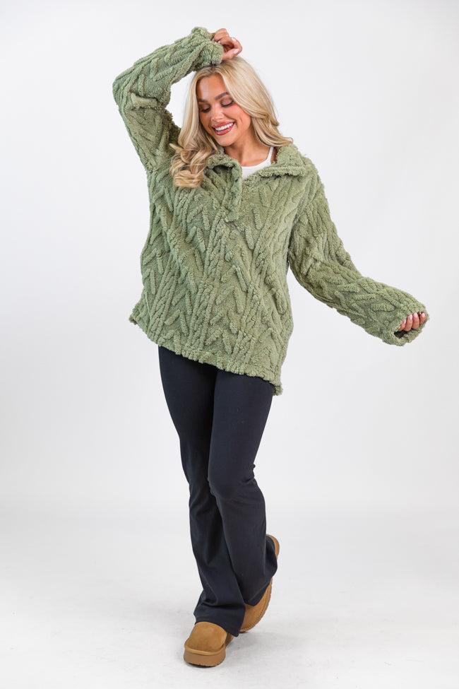 Take The Leap Olive Cable Detail Sherpa Pullover FINAL SALE Product Image