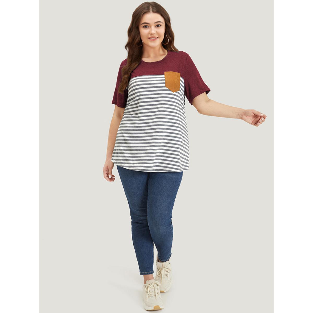 Plus Size Striped Patchwork Round Neck Patched Pocket T-shirt Red Women Casual Patchwork Striped Round Neck Dailywear T-shirts BloomChic 12/L Product Image