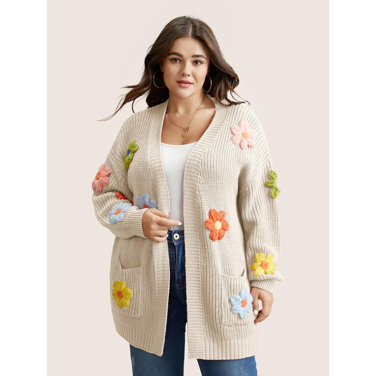 Plus Size Rainbow Floral Pocket Open Front Cardigan Beige Women Casual Long Sleeve Everyday Cardigans BloomChic 28/5X Product Image