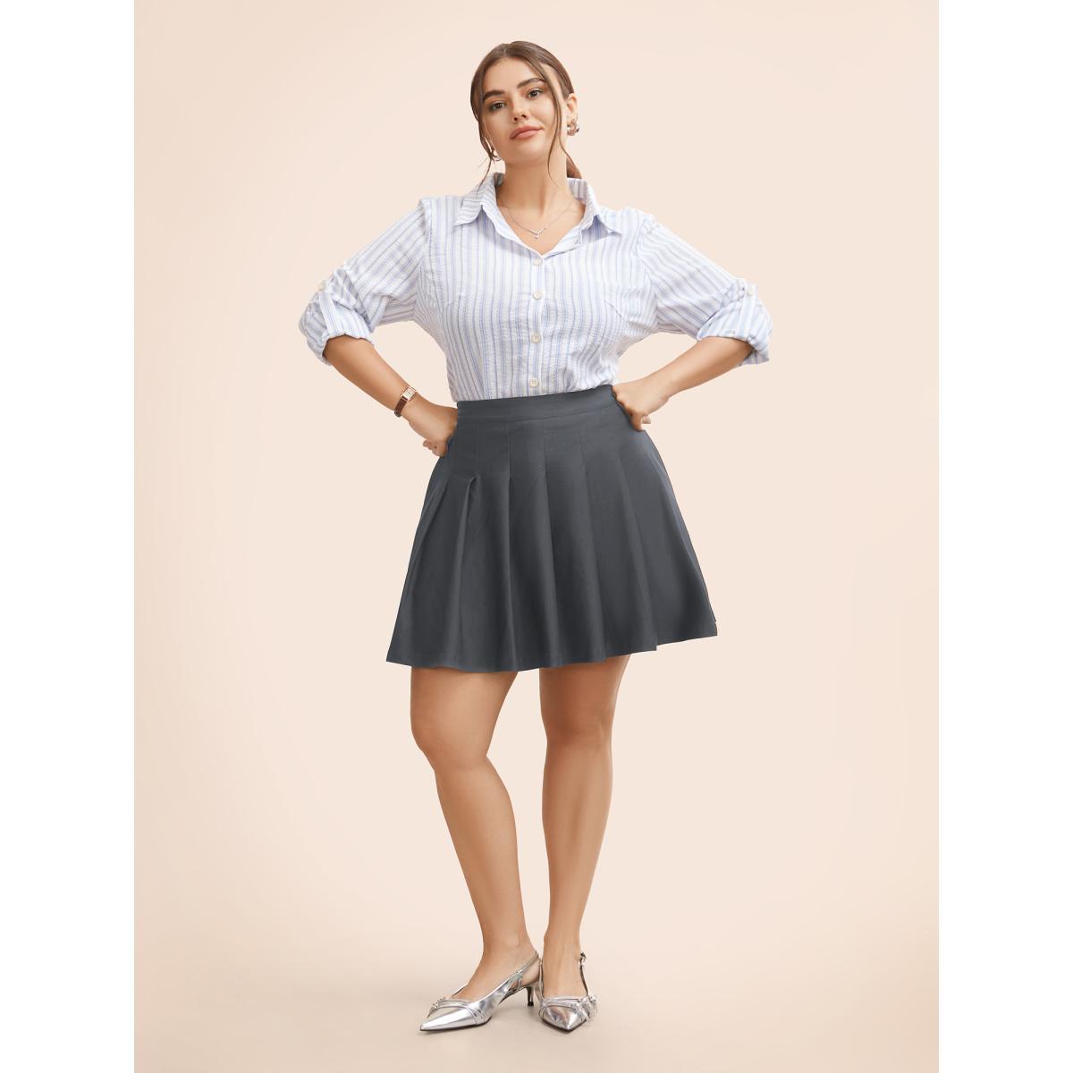 Plus Size Stretch Woven Hidden Shorts Mini Skirt Women DimGray At the Office Pleated Low stretch Side seam pocket Work Skirts BloomChic 18-20/2X Product Image