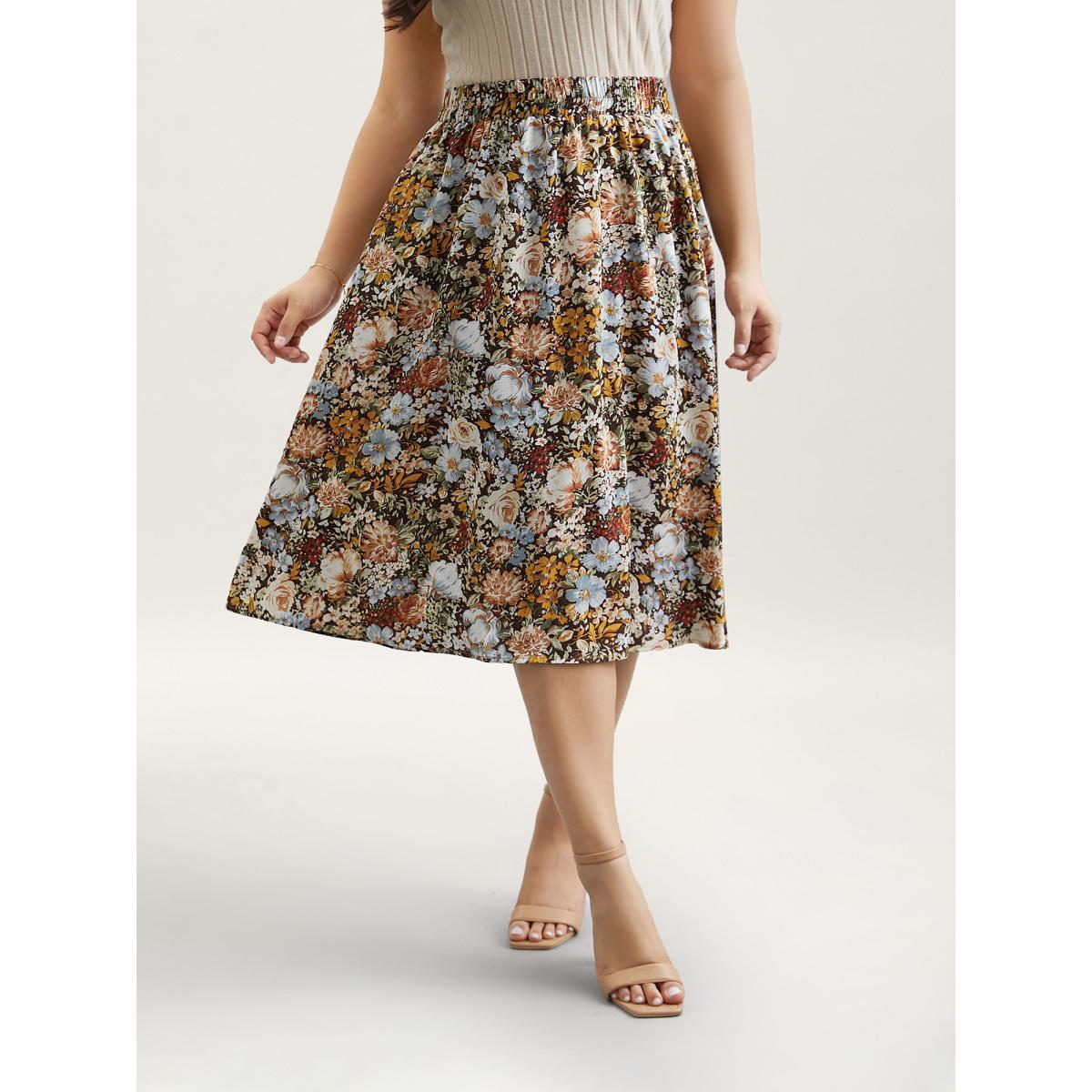 Plus Size Floral Print Stretchy-Waist Midi Skirt Women Multicolor Elegant Contrast No stretch Side seam pocket Everyday Skirts BloomChic 12/L Product Image