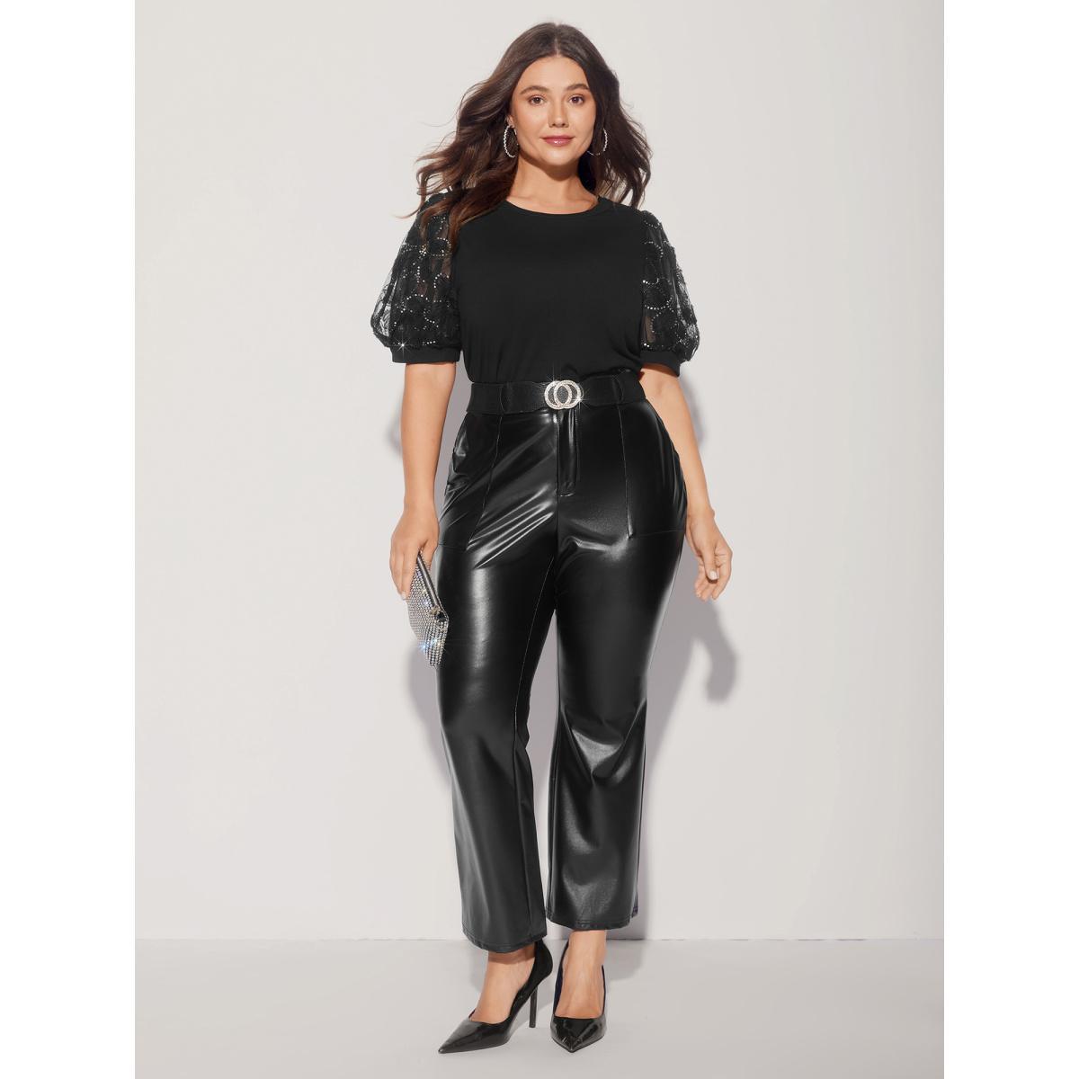 Plus Size Floral Sequin Mesh Round Neck T-shirt Black Women Elegant See through Round Neck Everyday T-shirts BloomChic 18-20/2X Product Image