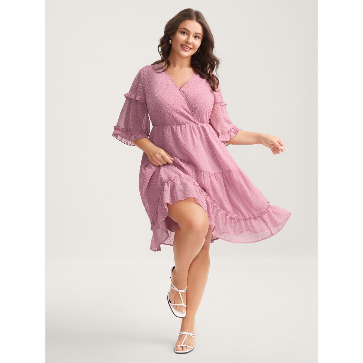 Plus Size Textured Ruffled Trim Surplice Midi Dress Watermelon Women Overlap Collar Half Sleeve Curvy BloomChic 10/M Product Image