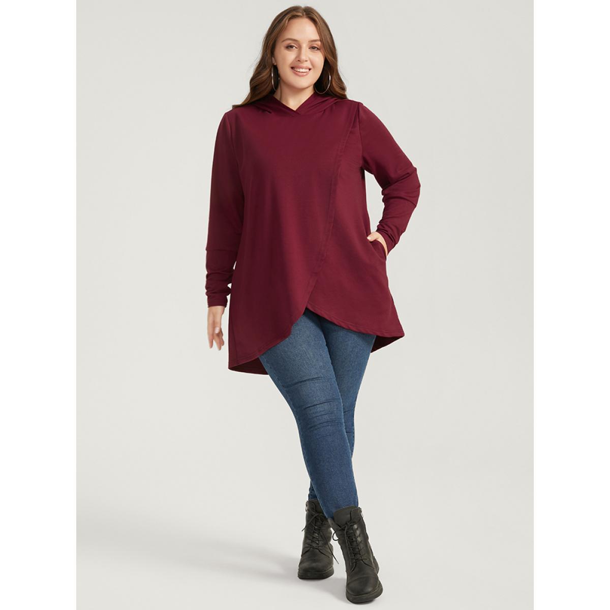 Plus Size Solid Pocket High Low Hem Hooded Sweatshirt Women Burgundy Casual Pocket Hooded Dailywear Sweatshirts BloomChic 14-16/1X Product Image