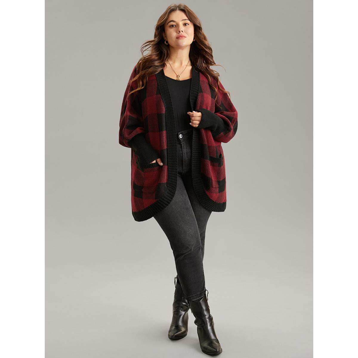 Plus Size Plaid Contrast Open Front Dolman Sleeve Cardigan Scarlet Women Casual Loose Long Sleeve Dailywear Cardigans BloomChic 28/5X Product Image