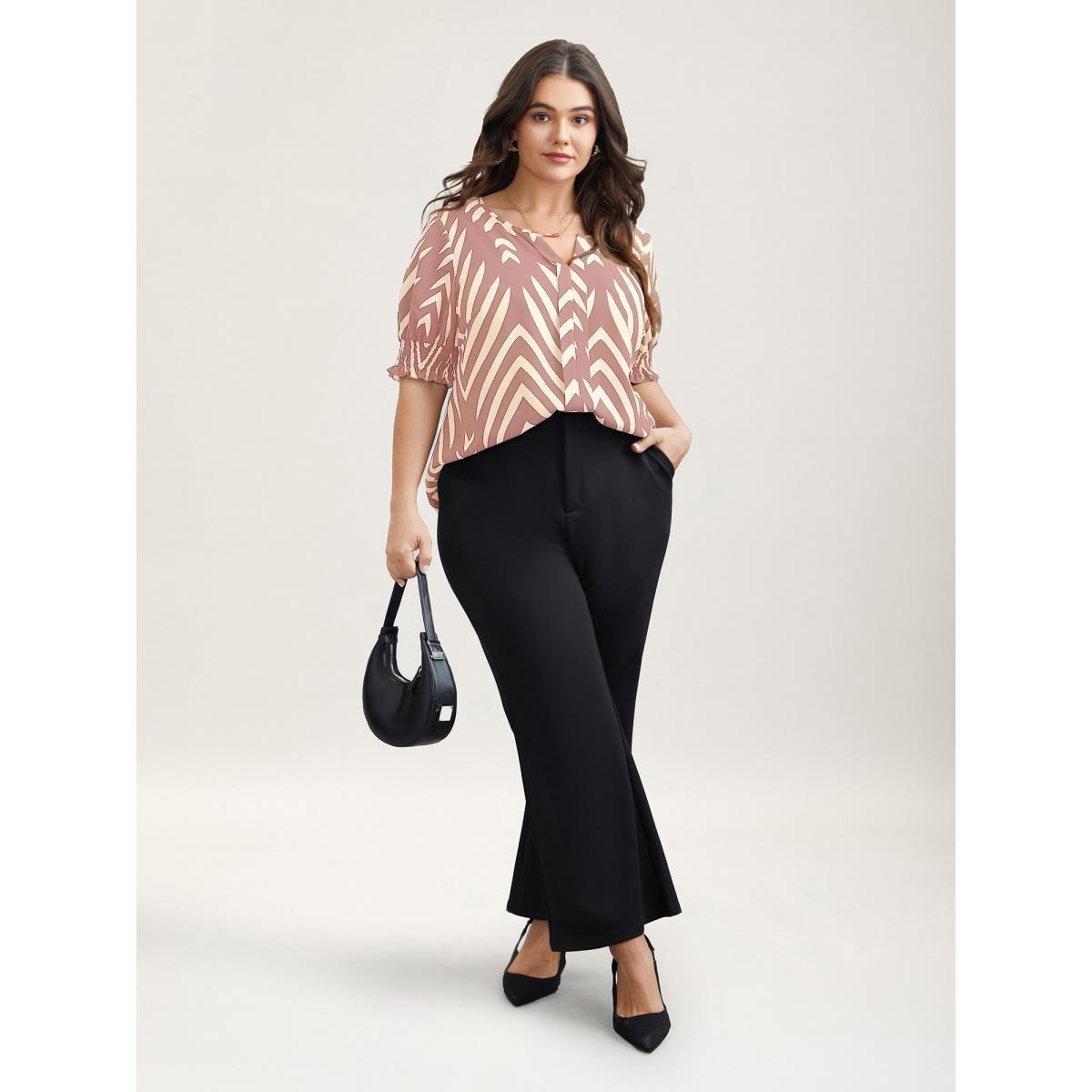 Plus Size DustyPink Geometric Print Ruffled Shirred Shirt Women At the Office Half Sleeve Flat collar with V-notch Work Blouses BloomChic 26/4X Product Image
