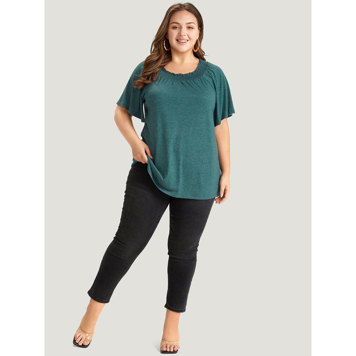 Plus Size Plain Shirred Crew Neck Flutter Sleeve T-shirt DarkGreen Women Elegant Gathered Plain Round Neck Dailywear T-shirts BloomChic 10/M Product Image