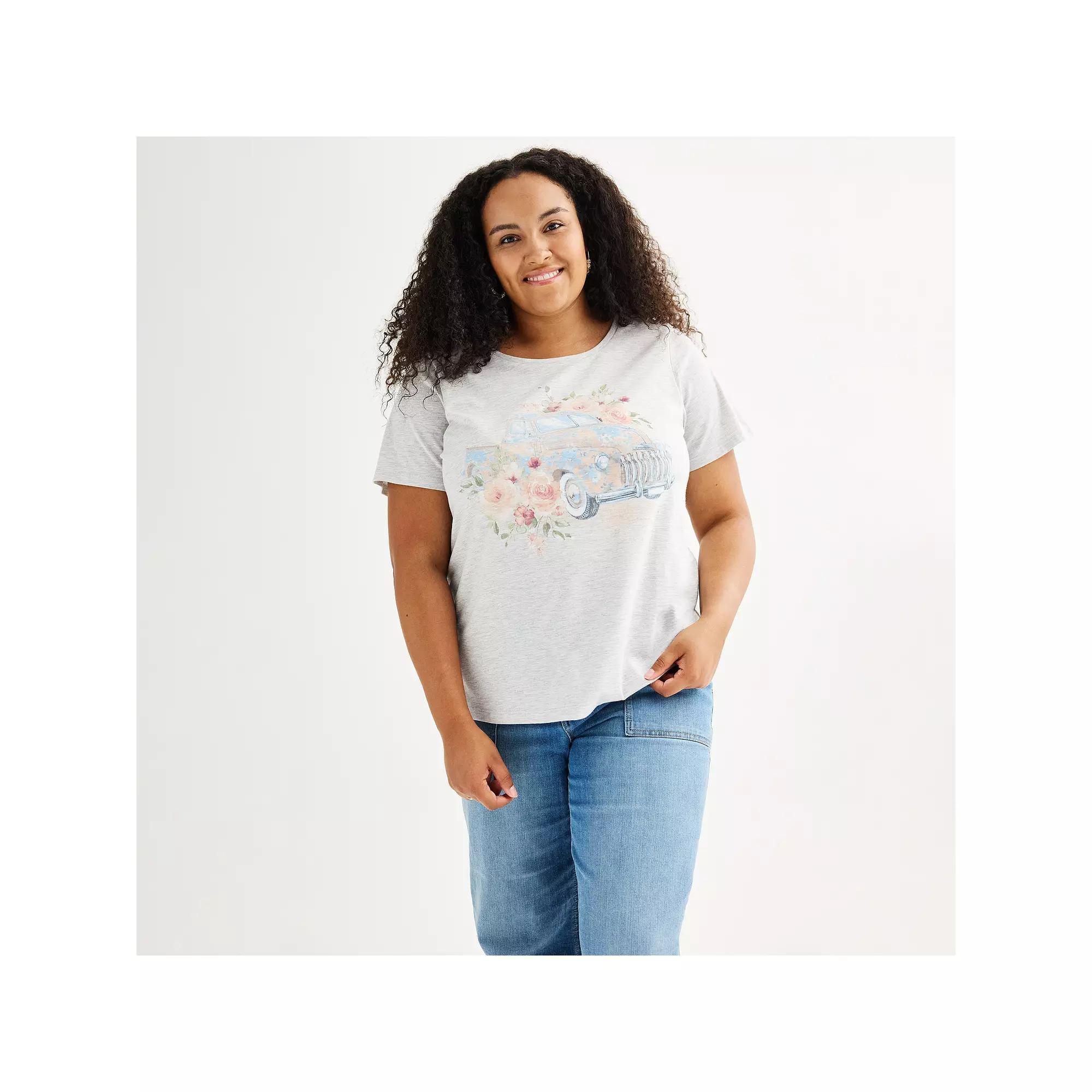 Womens Plus Floral Truck Graphic Tee Oatmeal Grey Product Image