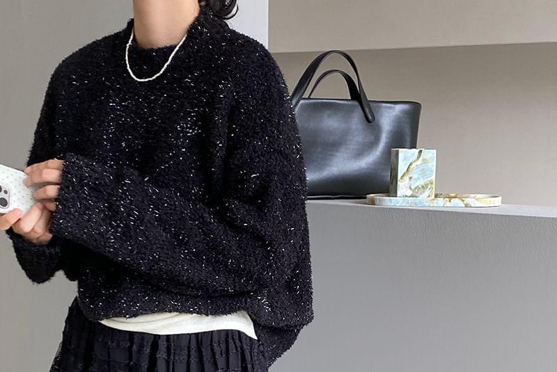 Mock Neck Plain Glitter Sweater Product Image