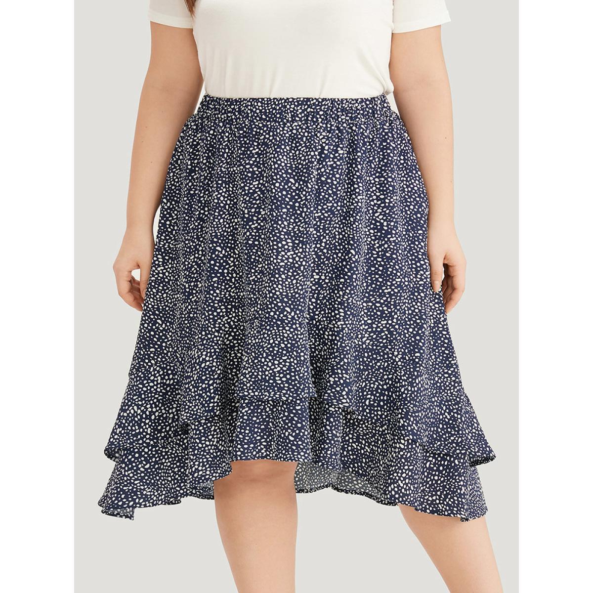 Plus Size Allover Print Pocket Ruffle Layered Hem Skirt Women Indigo Elegant Elastic Waist No stretch Pocket Dailywear Skirts BloomChic 22-24/3X Product Image