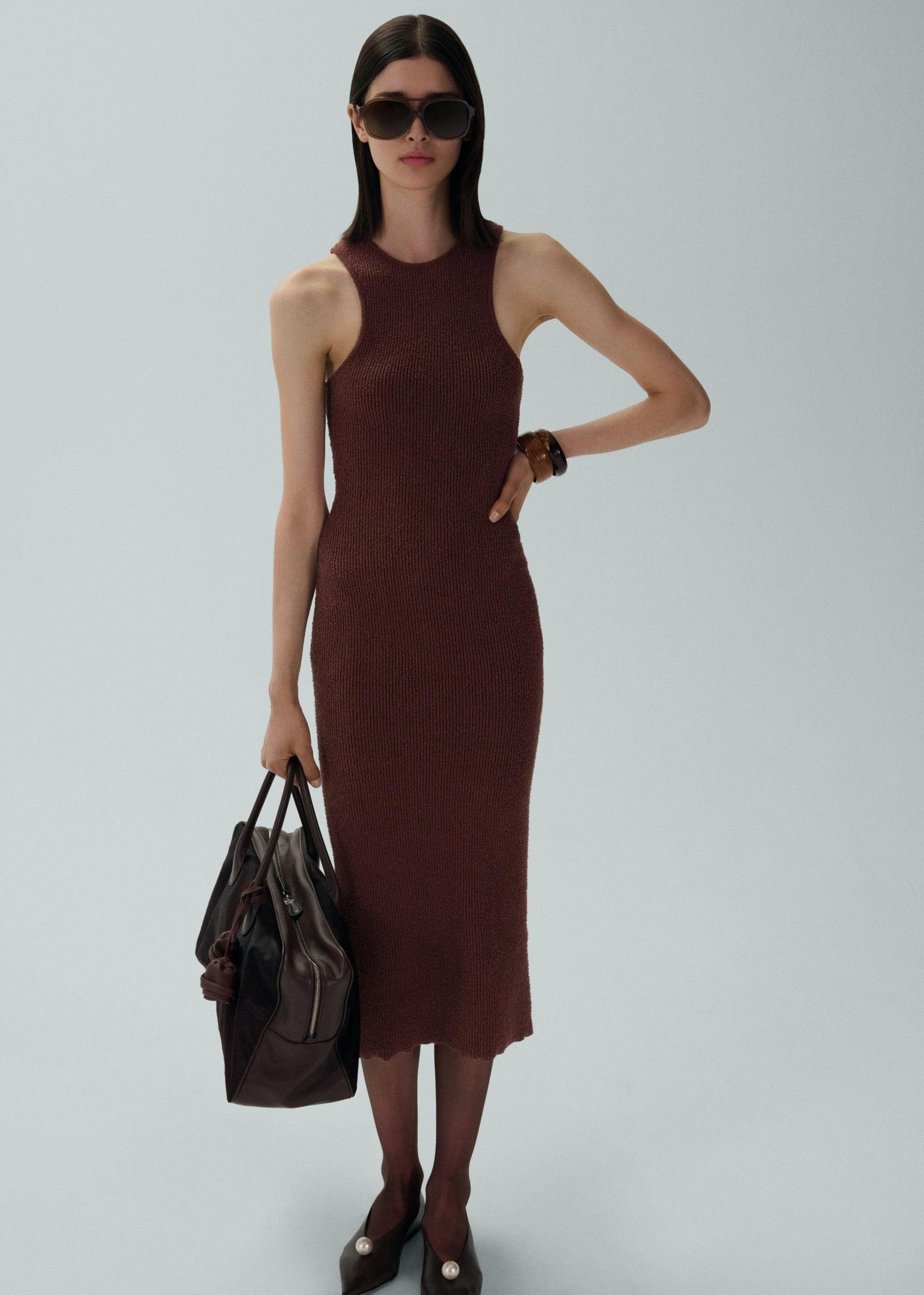 Racerfront ribbed knitwear dress in brown Product Image