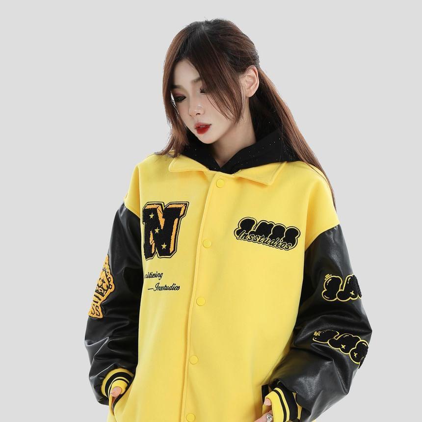 Collared Lettering Button-Up Jacket Product Image